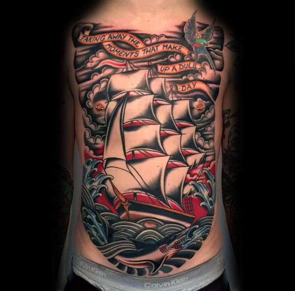 Full Chest Guys Traditional Sailing Ship Nautical Tattoos
