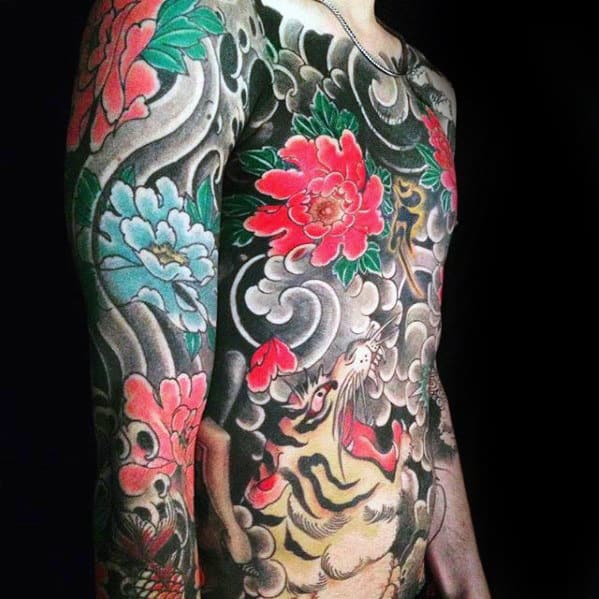 Full Chest Japanese Tiger And Flower Full Chest And Arm Tattoo