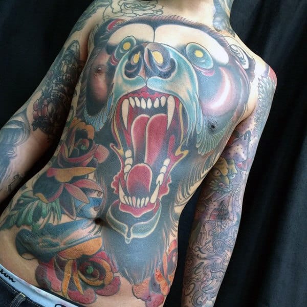 Full Chest Mens Traditional Bear Themed Tattoo Designs