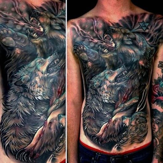 Full Chest Mens Wolf Fighting Bear Tattoo