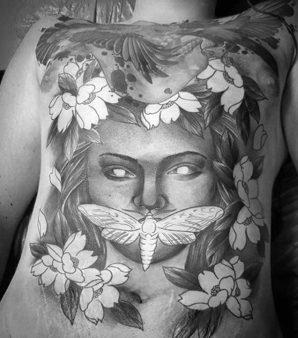 Full Chest Negative Space Moth Mens Female Portrait Tattoos