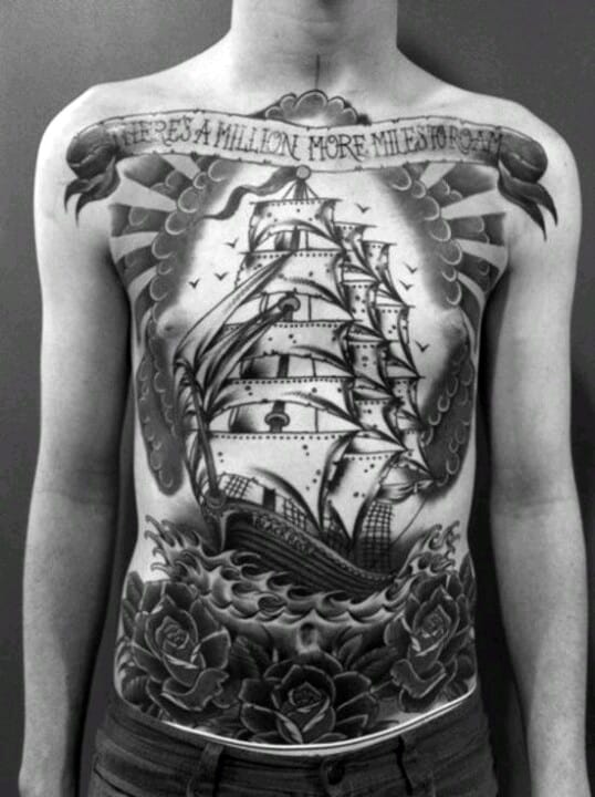 Full Chest Old School Guys Nautical Themed Ship Tattoos