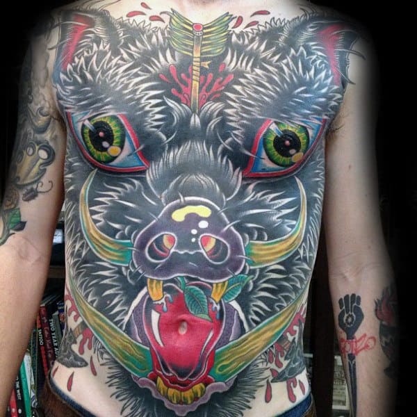 Full Chest Old School Male Boar Tattoo