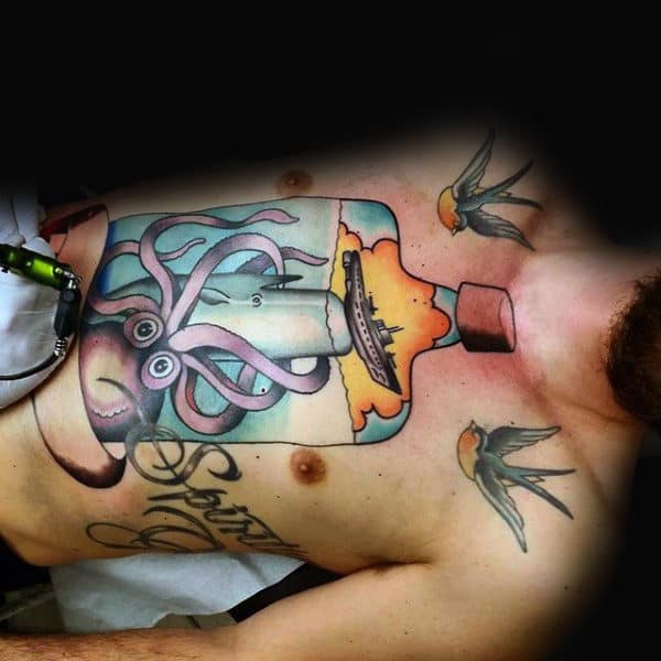 Full Chest Ship In A Bottle Octopus Male Tattoo Designs