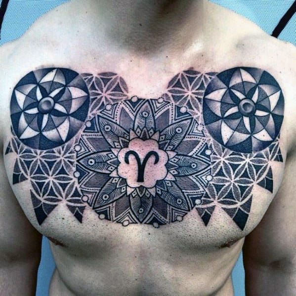 Geometric chest tattoo featuring the Aries zodiac symbol at the center