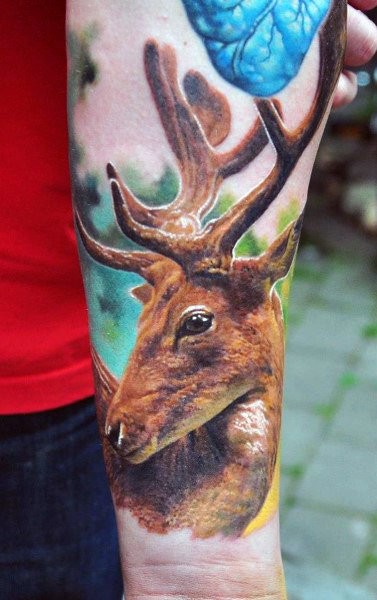 Full Color Inner Wrist Deer Tattoo For Men