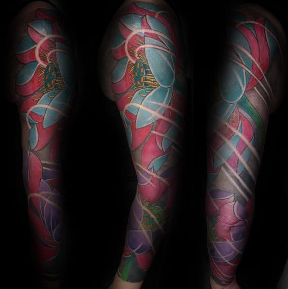 Full Colorful Lotus Flower Sleeve Tattoo For Gentlemen