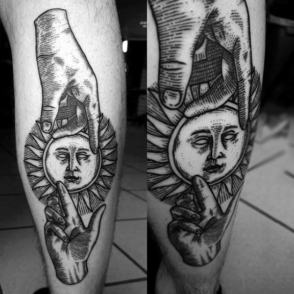 Full Leg Gentleman With Sun Face Tattoo Being Held By Hands
