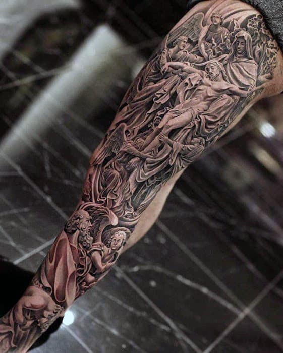 Full Leg Ornate Mens Catholic Religious Sleeve Tattoo Designs