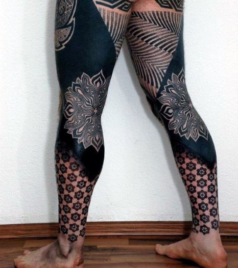 Full Leg Sleeve Blackwork Tattoos For Men With Geometric Shapes