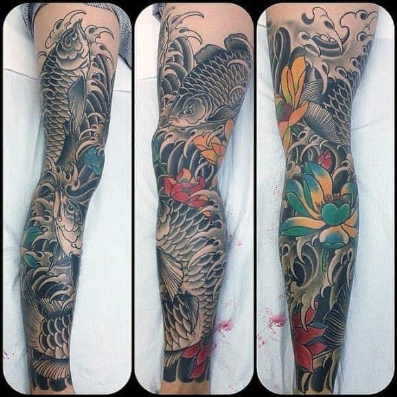 Full Leg Sleeve Cool Arowana Tattoo Design Ideas For Male