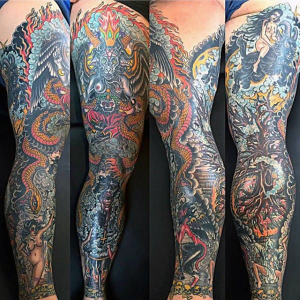 Full Leg Sleeve Guys Baphomet Tattoo Designs