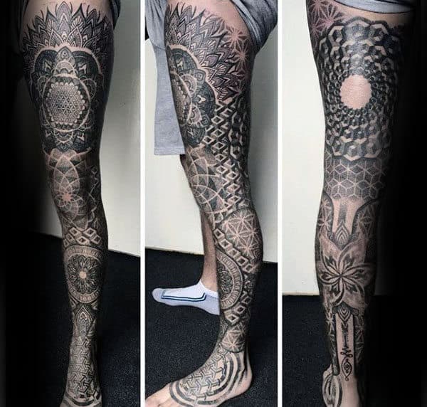 Full Leg Sleeve Guys Pointillism Tattoo