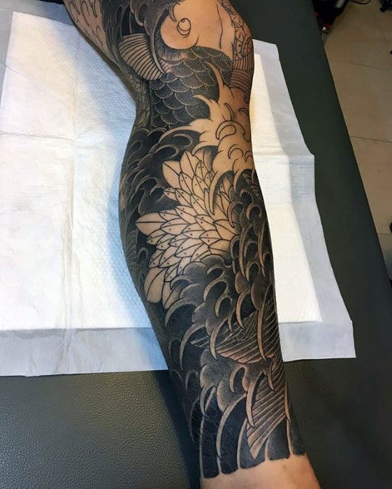 Full Leg Sleeve Japanese Wave Male Tattoo Designs