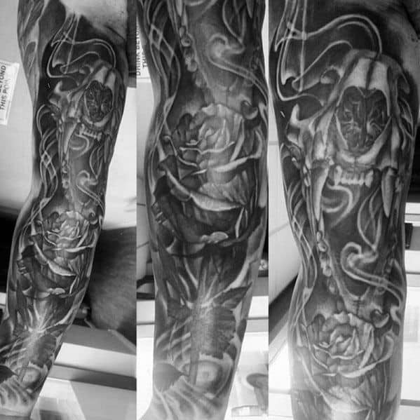 Full Leg Sleeve Lion Skull Mens Tattoos