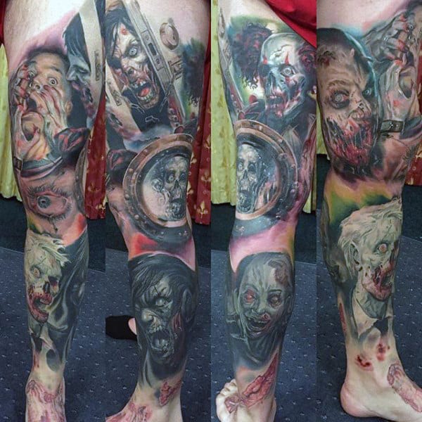 Full Leg Sleeve Male Zombie Themed Tattoos