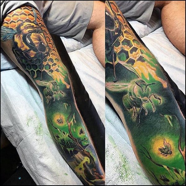 Full Leg Sleeve Mens Bee Themed Tattoo Designs