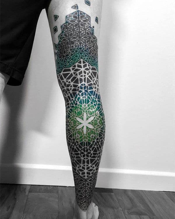 Full Leg Sleeve Negative Space Guys Flower Of Life Tattoo