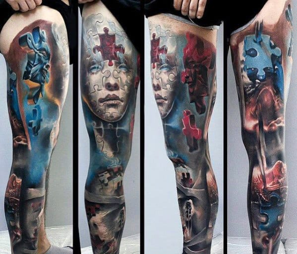 Four views of a leg tattoo featuring a jigsaw puzzle design with a woman's face, abstract elements, and vibrant colors