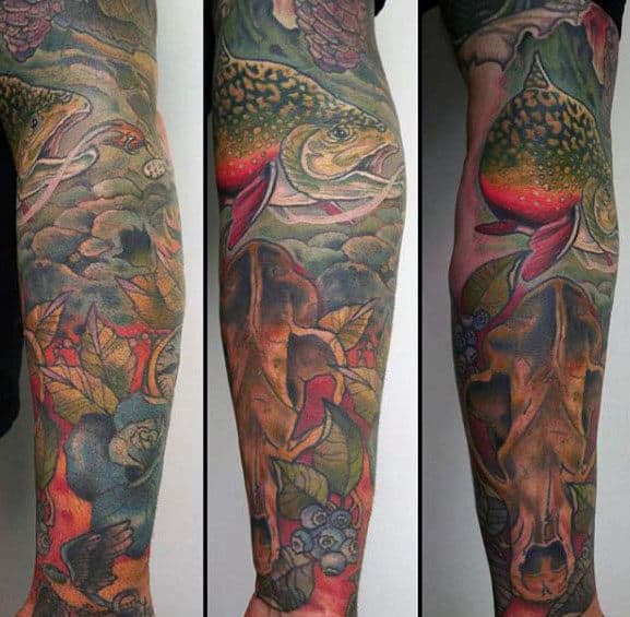 Full Leg Sleeve Tattoo With Trout Design For Men