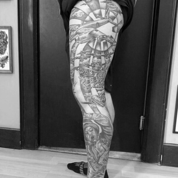 Full Leg Sleeve Tattoo With Ww2 Theme For Guys