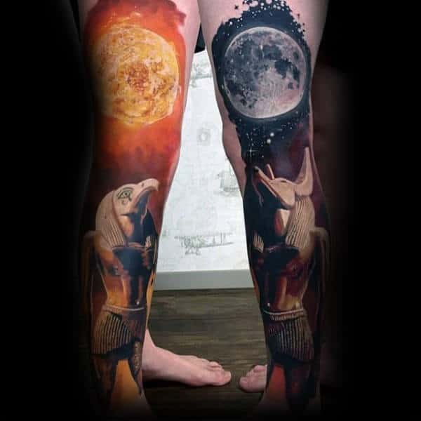 Full Leg Sleeves Anubis Mens Moon And Sun God Tattoo