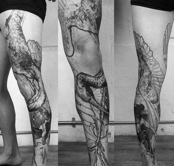 Full Leg Tattoo With Crane Bird Design For Gentlemen