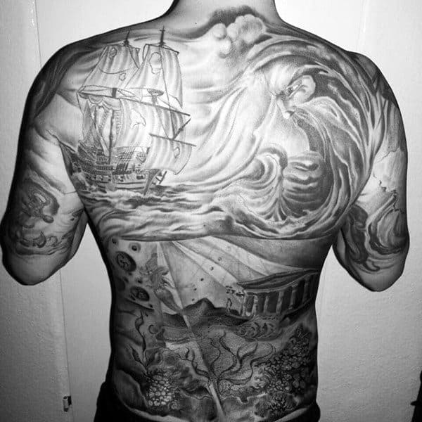 Full Mens Back Tattoo With Underwater Scene