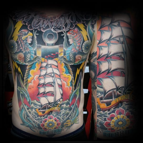 Full Mens Chest Old School Nautical Traditional Tattoo Design Ideas