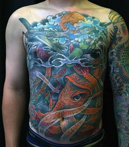 Full Mens Chest Squid Tattoo With Underwater Marine Life Scene