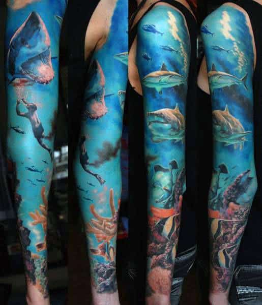 Full Ocean Sleeve Mens Coral Reef Realistic Tattoo Designs