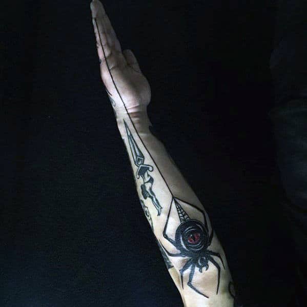 Full Outer Forearm Guys Traditional Spider With Web Tattoos