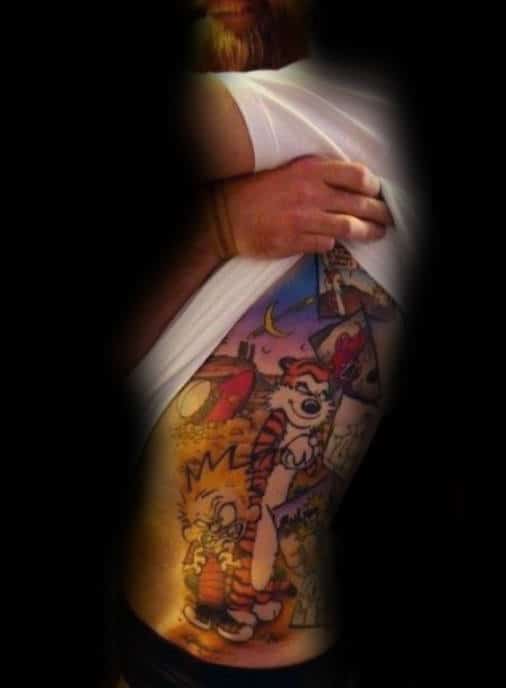 Full Rib Cage Side Amazing Male Calvin And Hobbes Tattoo Design