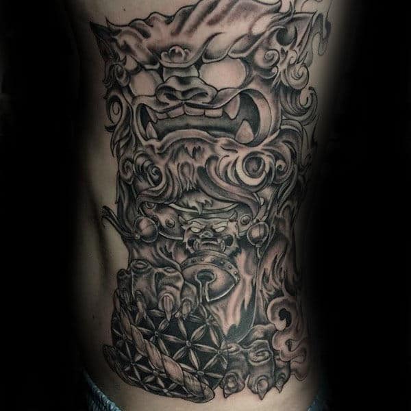 Full Rib Cage Side Guys Shaded Foo Dog Tattos