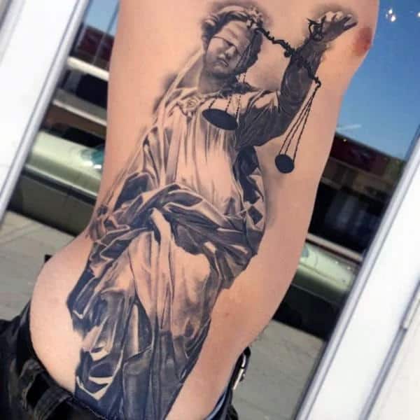 Full Rib Cage Side Lady Justice Mens Realistic 3d Tattoo Designs