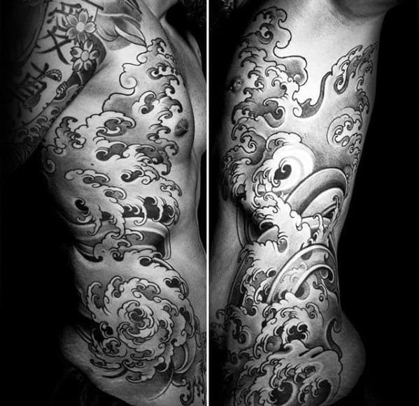 Full Rib Cage Side Manly Mens Japanese Wave Tattoos