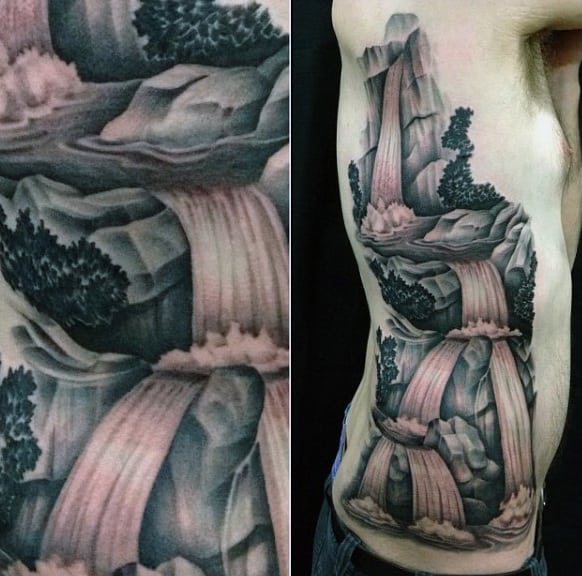 Full Rib Cage Side Mens Waterfall Shaded Tattoos