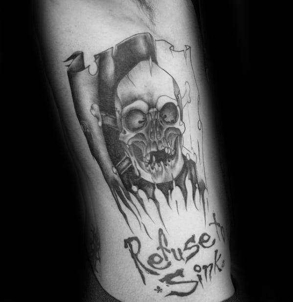 Full Rib Cage Side Pirate Flag Refuse To Sink Mens Tattoos