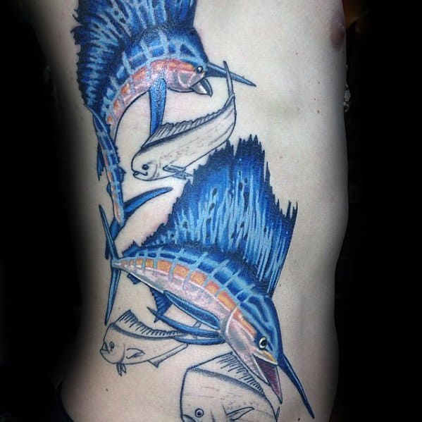 Full Rib Cage Side Swimming Fish Marlin Tattoo Designs For Males
