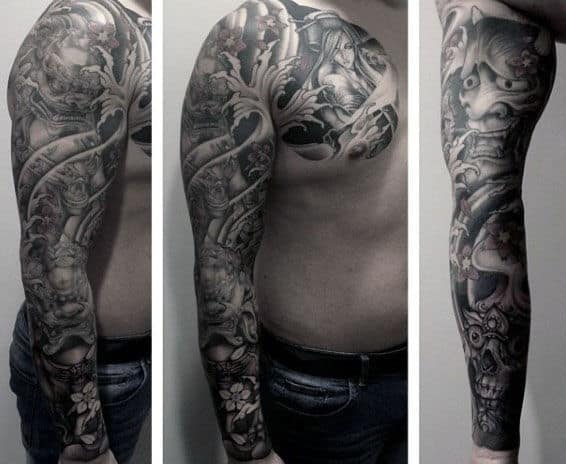 Full Sleeve And Chest Foo Dog Tattoos For Guys