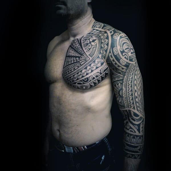 Full Sleeve And Tribal Shoulder Mens Tattoos