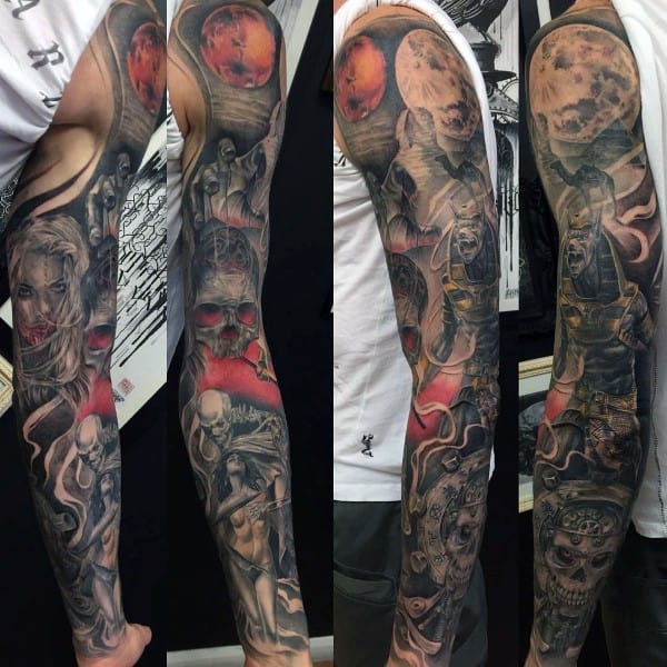 Full Sleeve Anubis Egyptian God Tattoo On Male