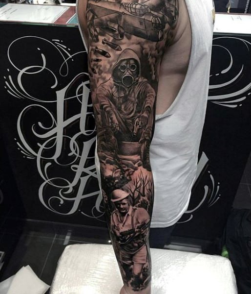 Full Sleeve Army Themed Male Tattoo Ideas