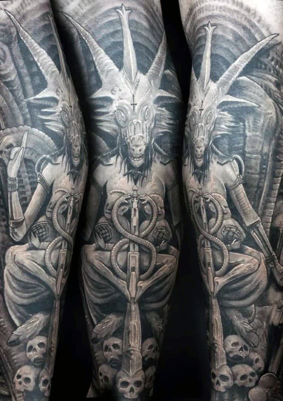 Full Sleeve Baphomet Skulls Mens Tattoo Design Inspiration