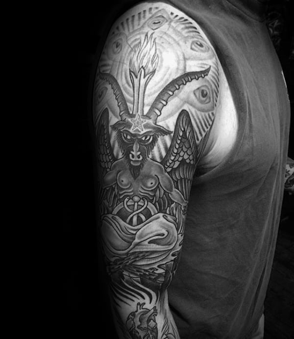 Full Sleeve Baphomet Themed Tattoo For Gentlemen