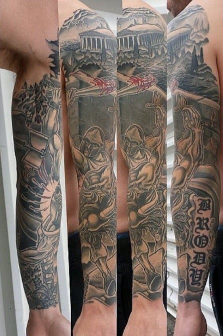 Full Sleeve Battle Minotaur Mens Tattoo Ideas