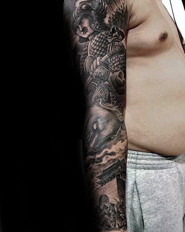 Full Sleeve Battle Warrior Chinese Mens Tattoo Designs