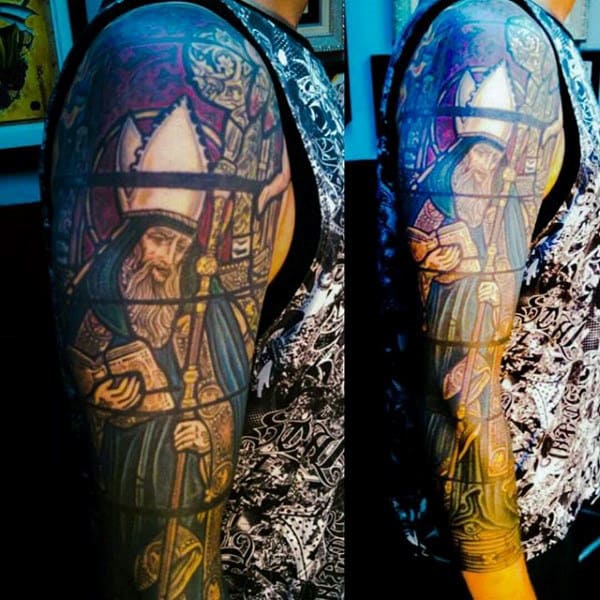 Full Sleeve Bishop Mens Stained Glass Tattoo Designs