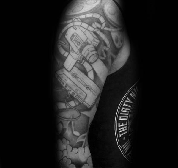 Full Sleeve Cassette Tape Music Themed Mens Tattoo Ideas