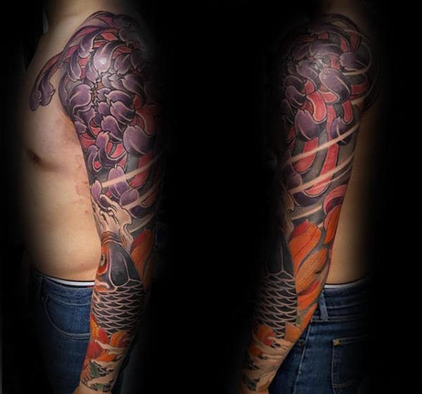 Full Sleeve Chrysanthemum Mens Kio Fish Japanese Male Tattoo Ideas